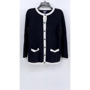 LANDS END Women's Navy-White Trim Button-Up Cardigan SZ S